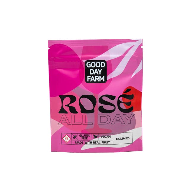 Photo of Good Day Farm Rose All Day Gummies pink packaging stating Gluten Free, Vegan, and Made with Real Fruit.